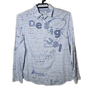 Desigual Blue Striped Men's Patched Logo Button Down Shirt Size Large Spellout
